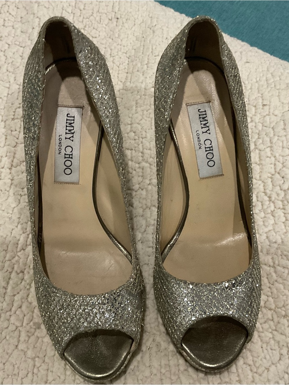 Jimmy Choo Silver Glitter Peep-Toe Heels Sz 37/5